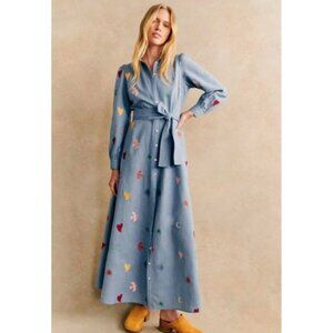 NWT SEZANE Pangea blue multicolor embroidered linen Bella MIDI dress size36 us4
